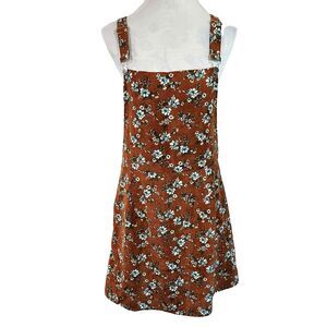 Shein Corduroy Overall Dress Skirt Size Large 8/10 Brown Floral Side Zipper